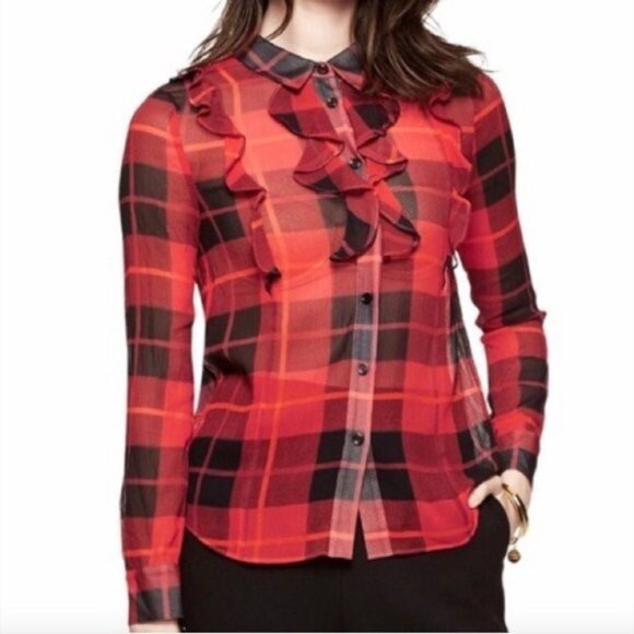 Kate Spade plaid ruffled semi-sheer blouse red black plaid size 4 - Picture 2 of 10